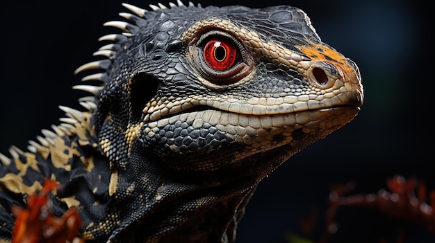 Closeup of a lizard with red eyes on black background