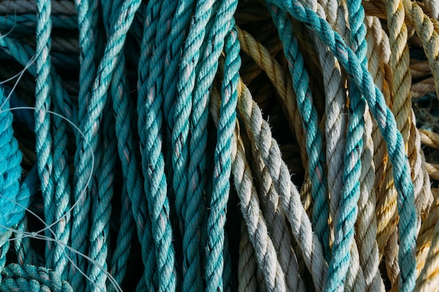 Closeup of old fishing ropes and nets under the sunlight