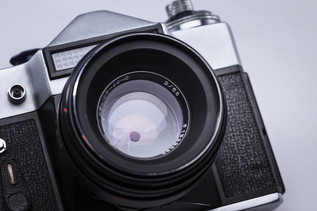 Closeup of old retro film camera lens