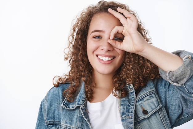 Closeup optimistic happy girl found wellbeing smiling relaxed joyful embrace own beauty diversity chubby woman grinning positive show okay ok perfection gesture white background