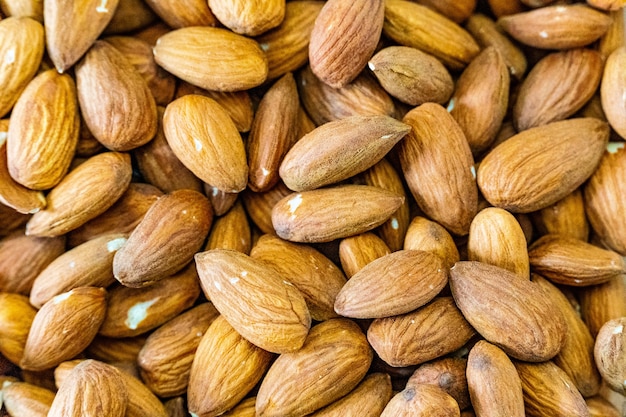 Closeup overhead focus shot of almonds grouped together