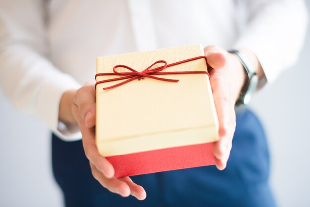 Closeup of person giving big gift box with bow