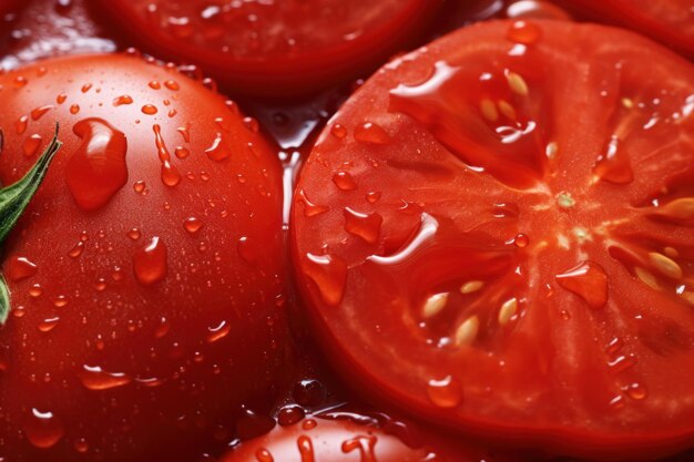 Closeup photo of red fresh tomatoes with water drops