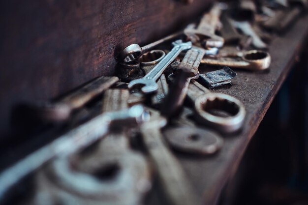 Closeup photo shoot of different nesessary tools and parts in every man's garage.