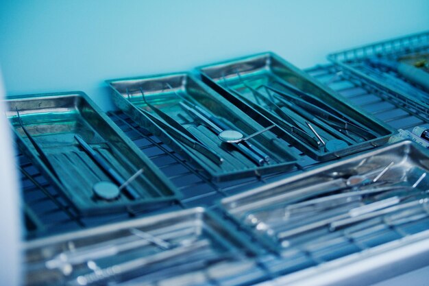 Closeup photo of a wide range of dental instrument in a special container