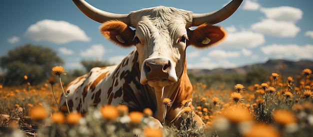 Крупным планом портрет коричневой коровы с большими рогами в поле