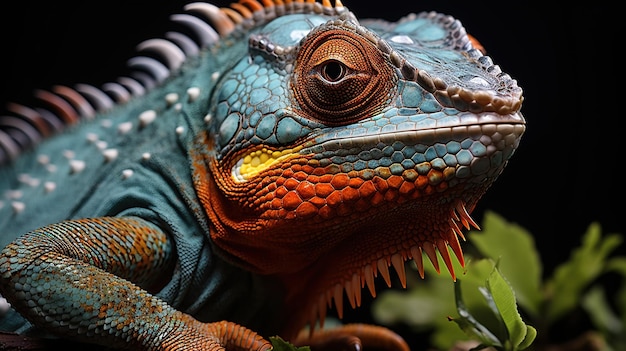 Free photo closeup portrait of a colorful chameleon on a dark background