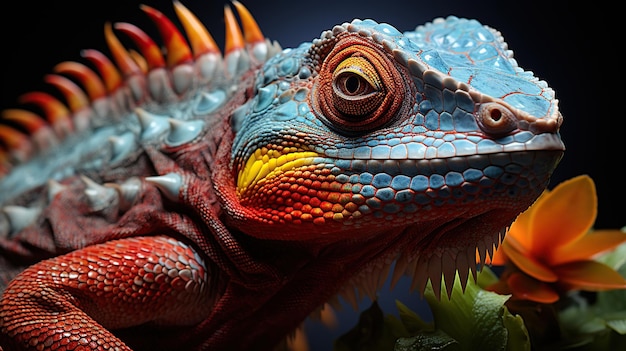 Closeup portrait of a colorful chameleon on a dark background