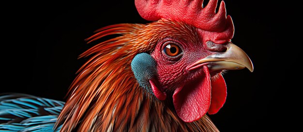 Closeup portrait of a rooster on a black background