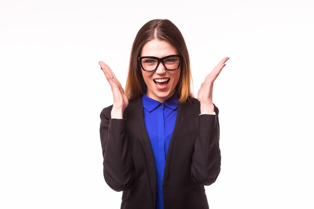 Closeup portrait of successful young businesswoman looking up isolated on white wall.