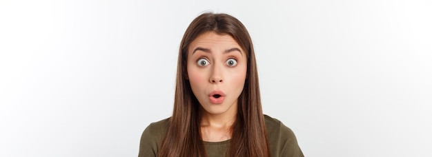 Free photo closeup portrait of surprised beautiful girl holding her head in amazement and openmouthed over whit