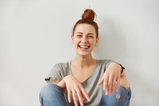 Closeup portrait woman smiling with perfect smile and white teeth