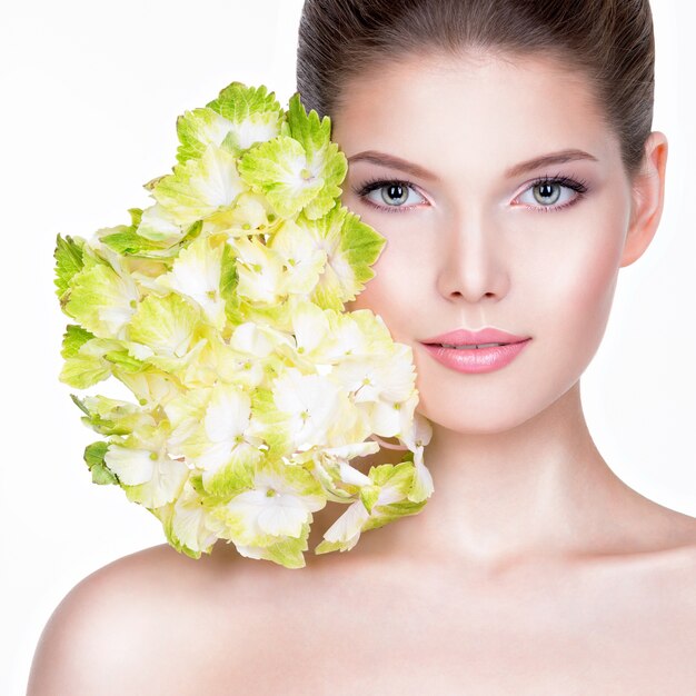 Closeup portrait of young beautiful woman with a healthy clean skin - isolated on white background.