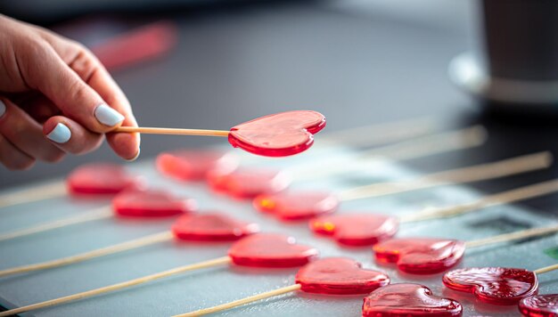 Foto gratuita primo piano il processo di creazione di lecca-lecca a forma di cuore