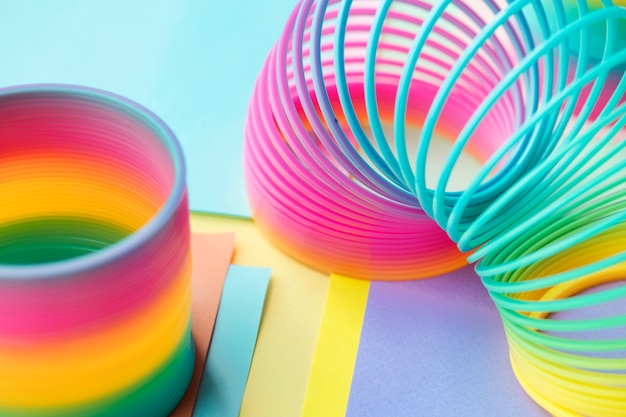 Closeup of rainbow spring toy background