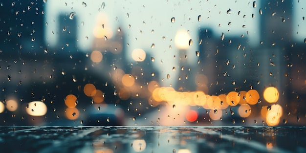 ガラスの上の雨滴のクローズアップと後ろの都市風景