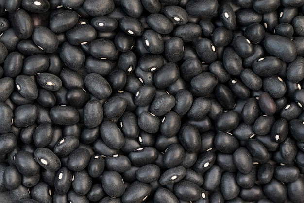 Closeup of raw black beans on the table under the lights