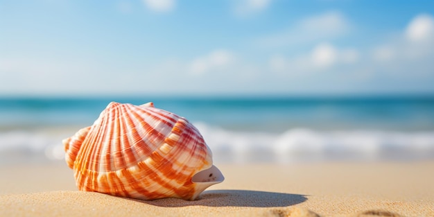 Closeup of a seashell with the beach softly focused in the back