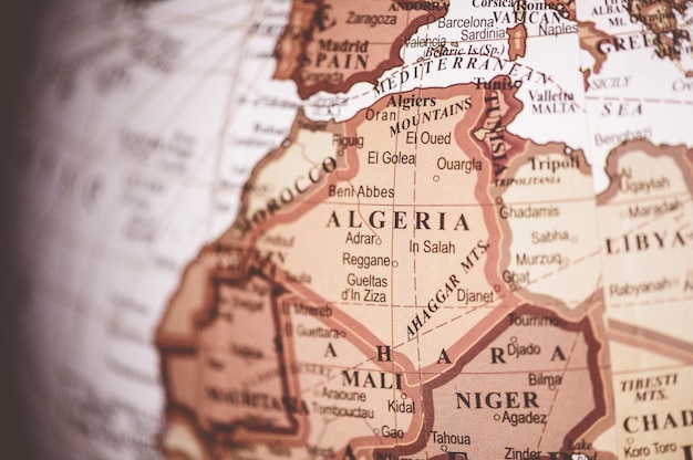 Free photo closeup shot of algeria on the world map - great for geographical articles