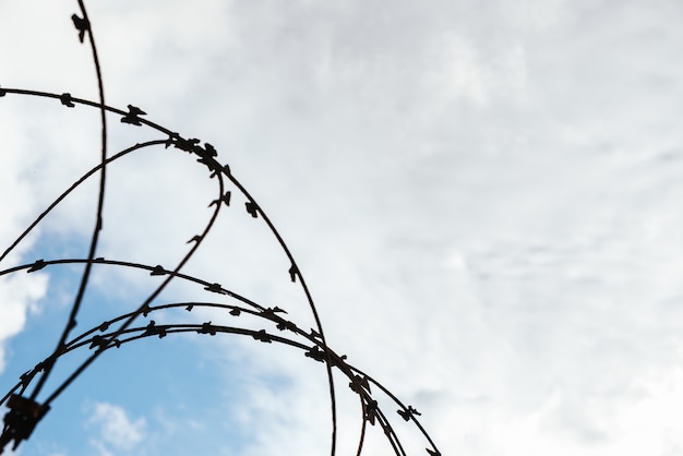 Closeup shot of barbed wire on a cloudy sky