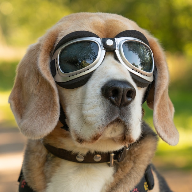 免费照片特写镜头的小猎犬在太阳镜与模糊的背景