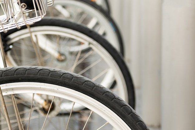 Closeup shot of bicycle wheels next each other