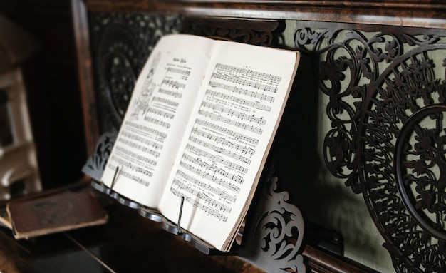 Closeup shot of the black and white music sheet on the piano