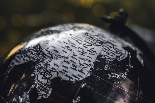 Closeup shot of a black and white wooden globe with a blurred background