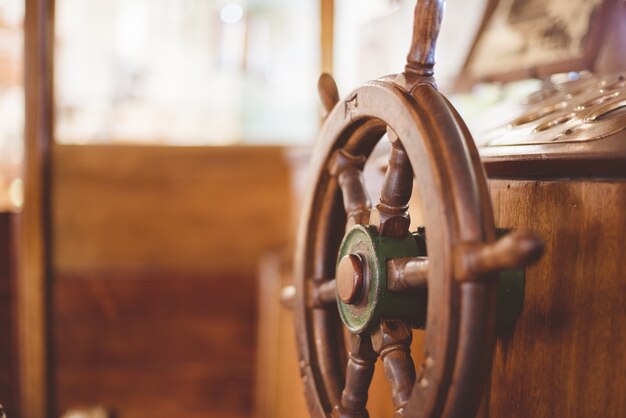 Closeup shot of a boat steering wheel