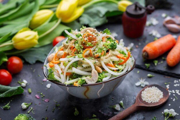 Closeup shot of a bowl of the delicious vegan salad