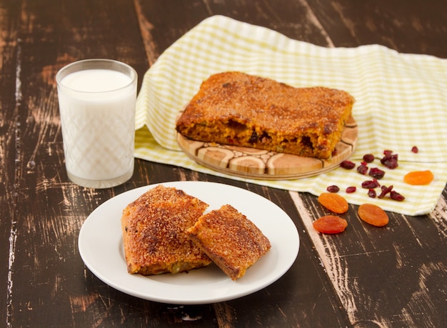 Closeup shot of carrot cake pieces with a glass of milk