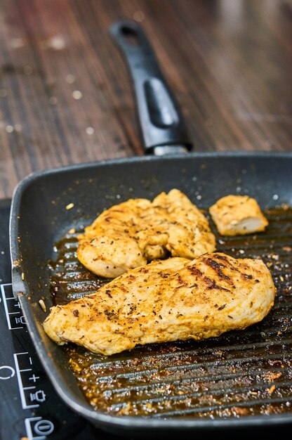 Closeup shot of chicken breasts in a black pan
