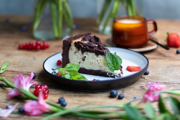 Closeup shot of chocolate cheesecake on the table