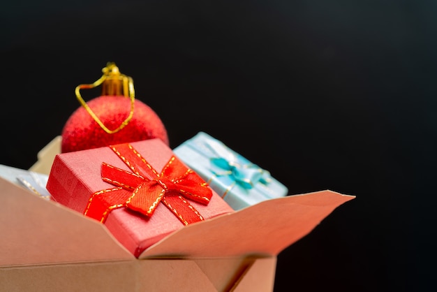 Closeup shot of Christmas composition. Wok paper box. Christmas gift boxes.