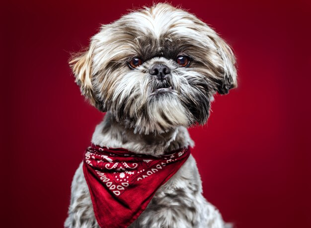 Closeup shot of a cute Shih Tzu dog on a red background