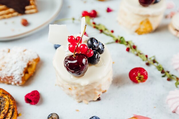 Closeup shot of a delicious creamy pastry cake with fruits