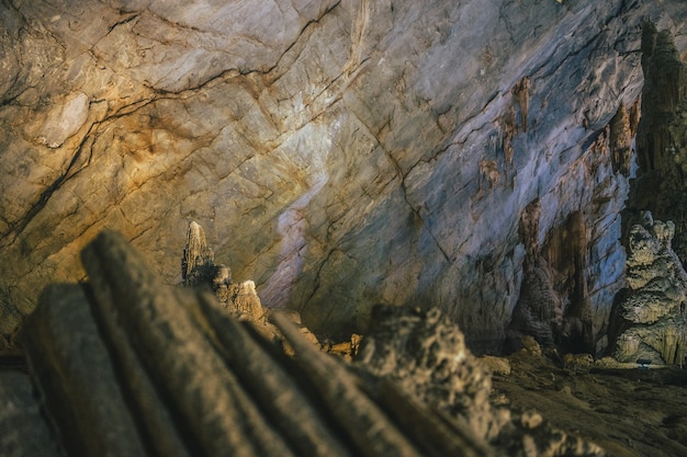 베트남 파라다이스 동굴 벽에 구조물의 근접 촬영 샷