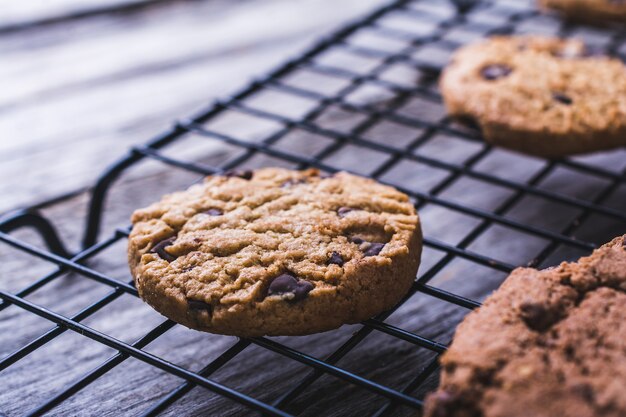 Closeup shot of freshly baked homemade chocolate chip cookies on an oven net