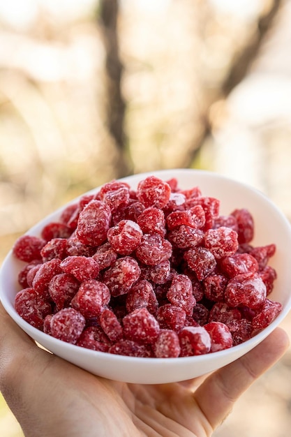 Closeup shot of frozen raspberries