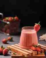 Foto gratuita colpo del primo piano di un bicchiere di frullato di fragole fresche con fragole sul tavolo