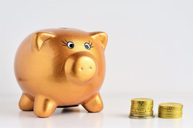 Closeup shot of a golden pig cashbox and coins on a white background