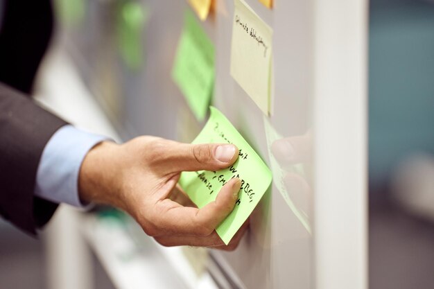 Closeup shot of the hand applying the sticky papers on the board