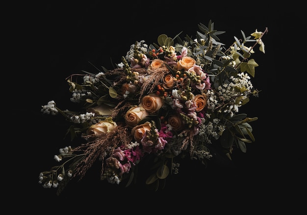 Foto gratuita colpo del primo piano di un lussuoso bouquet di rose arancioni e marroni su fondo nero