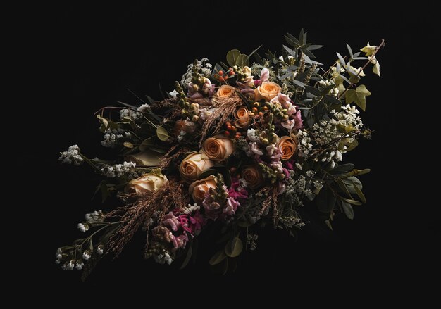 Closeup shot of a luxurious bouquet of orange and brown roses on a black