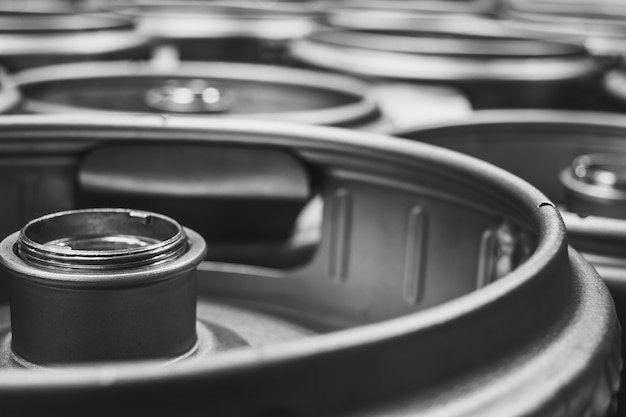 Closeup shot of metal beer kegs