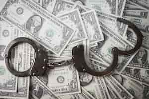 Free photo closeup shot of metal handcuffs and dollars