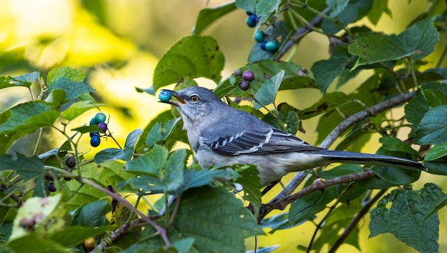 Closeup shot of a Northern mockingbird perched on a tree branch