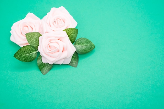 Бесплатное фото Крупным планом выстрел из розовых роз, изолированные на зеленом фоне с копией пространства