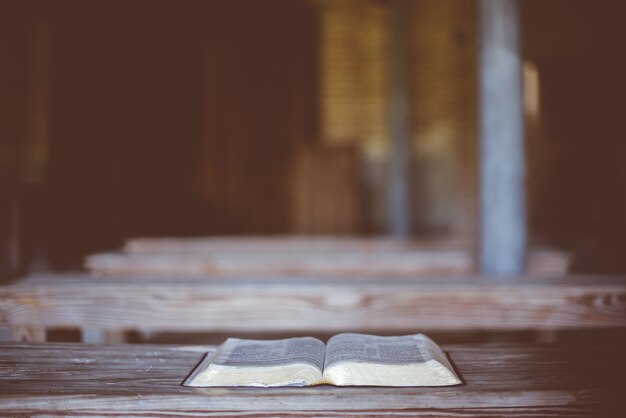 Closeup shot of an open bible on a wooden table