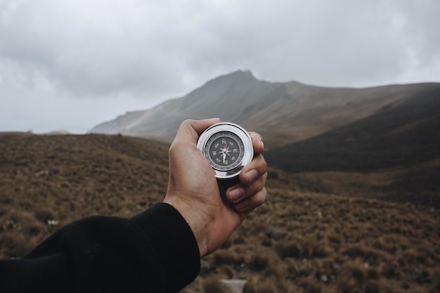 Closeup shot of a person holding a compass